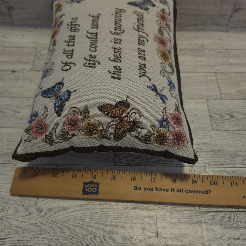 Collection Etc Friend Stitched Pillow Butterflies Flower Tan Brown Throw Pillow